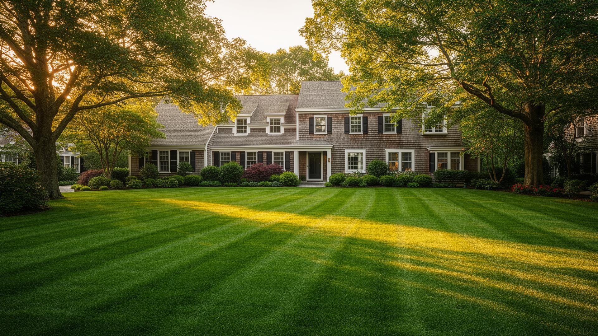 Freshly mowed lawn at a New England home in Hanson, Massachusetts